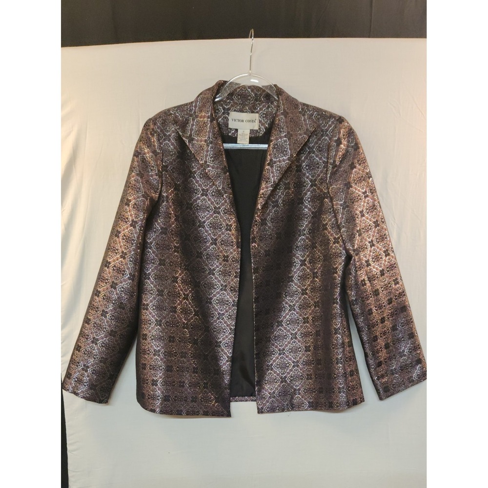 Victor Costa Womens Metallic Brocade Blazer Jacket Silver Bronze Size 12 Evening